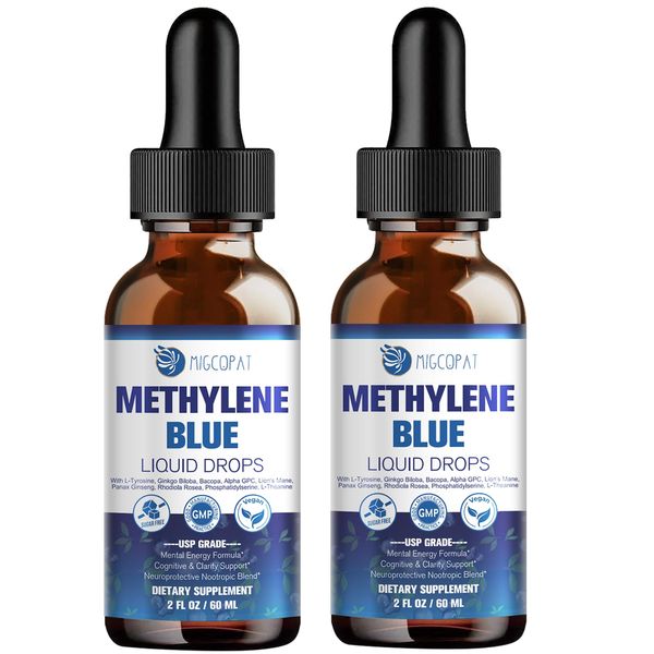Methylene Blue 2oz – USP Grade 1% – 2-Pack | with Alpha GPC, Lion’s Mane & Bacopa | Cognitive Support for Focus, Memory & Brain Function