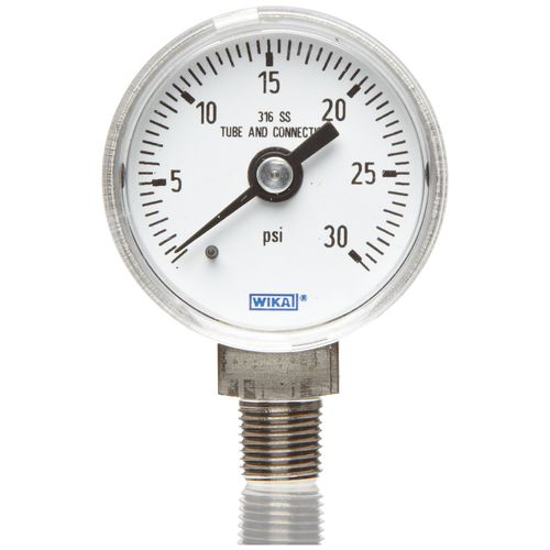 WIKA 9767002 Industrial Pressure Gauge, Liquid/Refillable, Copper Alloy Wetted Parts, 2-1/2" Dial, 0-30"Hg Vacuum Range, +/- 2/1/2% Accuracy, 1/4" Male NPT Connection, Bottom Mount