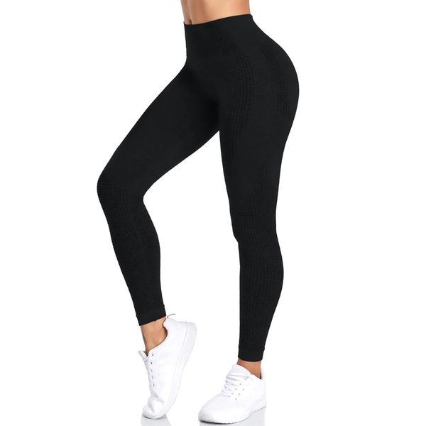 Yaavii Damen Sport Leggings Lange Blickdicht Yoga Leggings Figurformende Sporthose Yogahose Fitnesshose mit Hohe Taille Bauchkontrolle Schwarz2 M