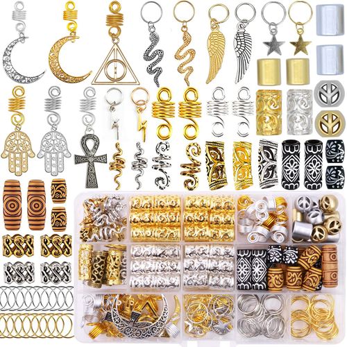 NAISKA 184Pcs Hair Jewelry for Braids Snake Moon Braid Clips Dreadlocks Accessories Loc Adornment Wood Hair Beads Handmade Hair Charm Metal Spring Pendant Hair Rings Cuffs for Women and Girls