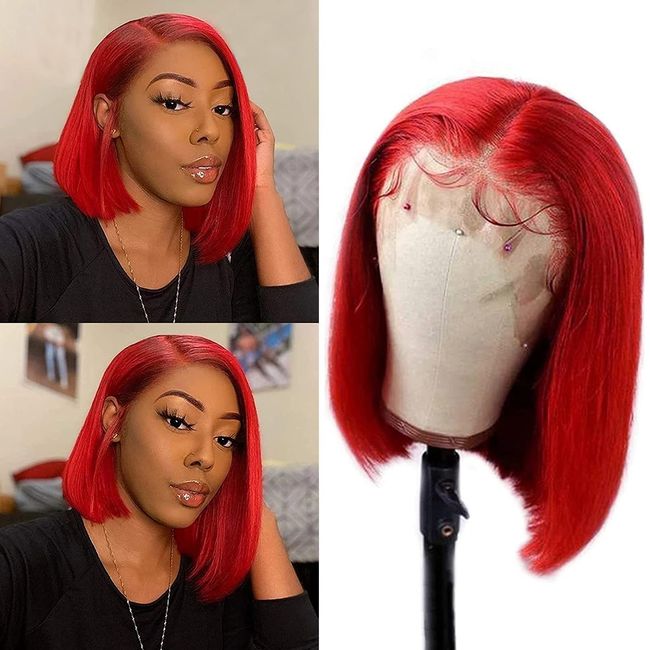 Short Bob Wigs Human Hair 13x4x1 Lace Front Wigs Brazilian Glueless Red Color Straight Bob Lace Wig for Black Women Pre Plucked with Baby Hair 16"