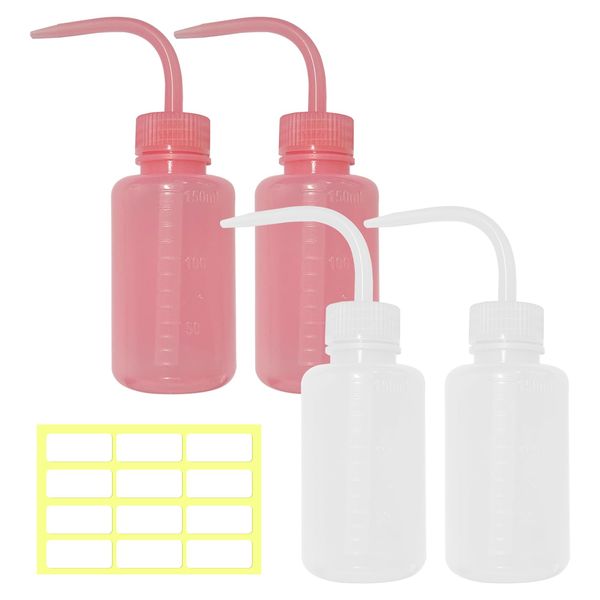 GVSAVY 4PCS 150ml Wash Bottles, 1 Label Sticker, Plastic Wash Bottles with Curved Spout, Squeeze Bottles with Narrow Mouth, Anti-Spill Watering Can for Plant Watering