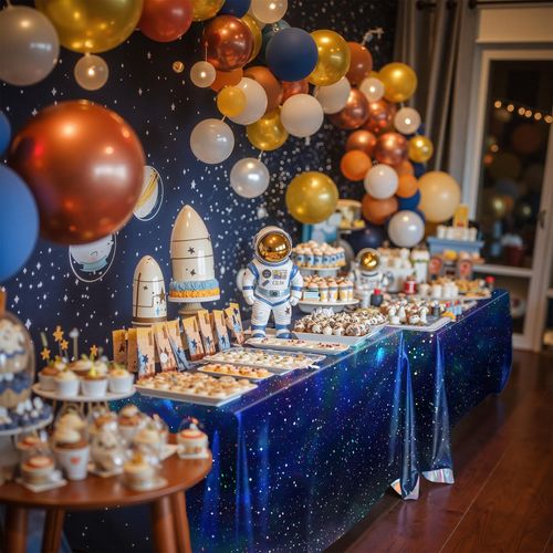 Vusnud 3 Packs - Iridescent Space Tablecloth, Galaxy Themed Plastic Table Cover, Disposable Plastic Star Party Table Cover, 52’’ x 108’’, Fit for 8 Ft Table, for Home Decoration