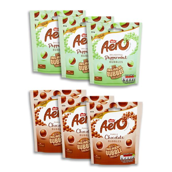 Aero Bubbles Variety Multipack. 3 x Peppermint Mint Chocolate Sharing Pouch 102g, 3 x Milk Chocolate Pouch 107g.