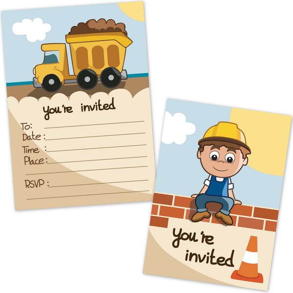 Construction Dump Truck Kids Birthday Party Invitations for Boys (20 Count with Envelopes) - Construction Party Supplies