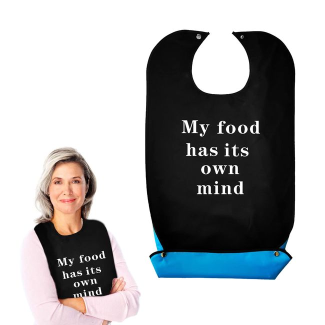 TSHAOUN Adult Bibs, Waterproof Dining Clothing Protector Reusable Bibs Print Bibs with Food Collector, Crumb Catcher for Adults, Elderly, Disabled, Daily Meal, Holiday Dinner, 1 Pcs (Black)