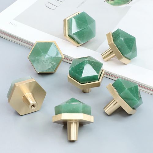 Rockcloud Pack of 2 Green Aventurine Hexagon Shape Crystal Stone Cabinet Knobs with Screws Drawer Pulls Decorative Knobs for Home Dresser Cupboard Closet Door