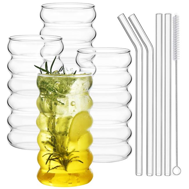 ALINK Ribbed Drinking Glass Cups with Straws Set of 4, 16 oz Aesthetic Iced Coffee Glasses, Wave Bubble Glasses Tumbler, Ripple Glassware, Beer Glasses for Coctail, Milk, Soda, Gift with Brush