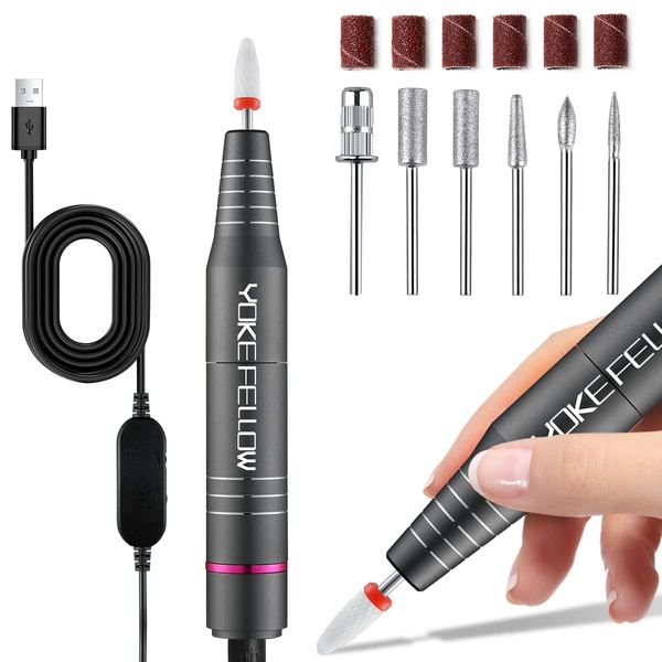 YOKEFELLOW Protable Electric Nail Drill,USB Efile Professional 30000RPM Manicure Electrical Nail File Polishing Tools for Drill Bits Cuticles Acrylic and Gel Nails Pedicure Machine Kit Gray