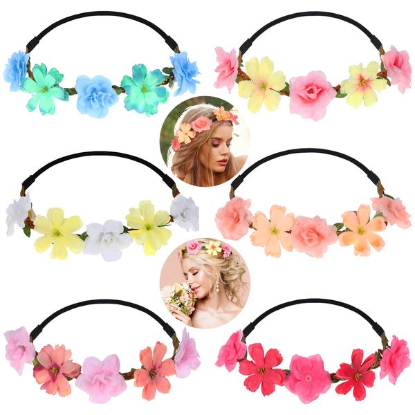 KALIONE 6 Pcs Flower Crown for Women Girls Flower Headbands Fairy Crown Bride Bridesmaid Wedding Headdress Adjustable Flower Headband Boho Flower Head Bands for Party Wedding Beach(Color Mixing)