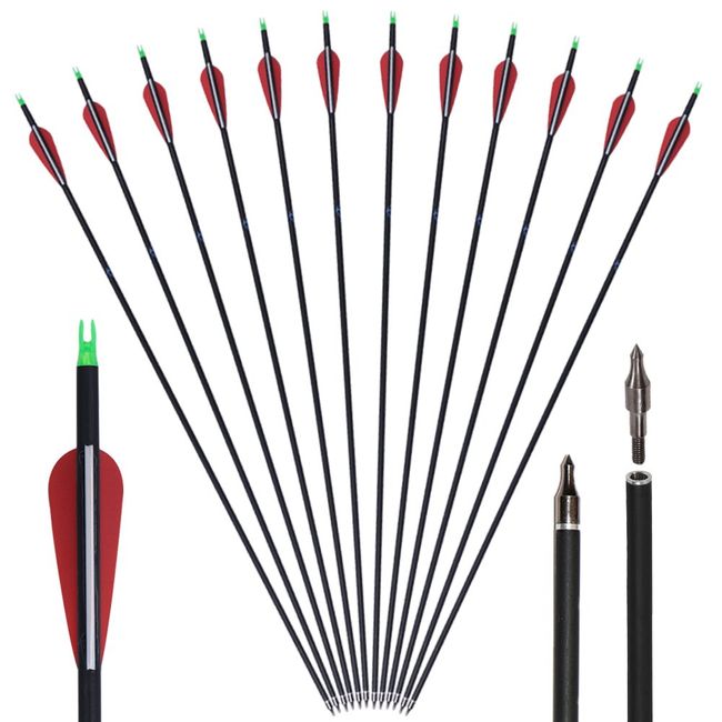 Huntingdoor 30" Archery Carbon Target Arrows Hunting Arrows with Adjustable Nock and Replaceable Field Points for Compound Bow or Recurve Bow (Pack of 12)