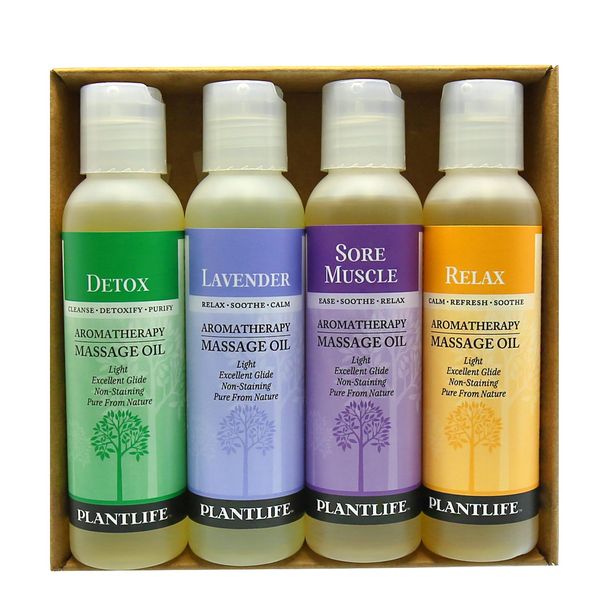 Plantlife Aromatherapy Massage Oil (Detox, Lavender, Relax, Sore Muscle) - 4 Pack