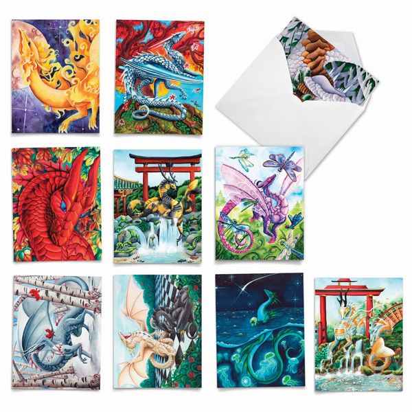 The Best Card Company - 10 Blank Note Cards for Kids (4 x 5.12 Inch) - Fun Mythical Fantasy Cards, Assorted Greetings Boxed - Dragon Dreams AM6293OCB-B1x10