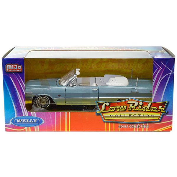 1963 Chevy Convertible Lowrider Light Blue Metallic with White Interior Low Rider Collection 1/24 Diecast Model Car by Welly 22434LRW-BL