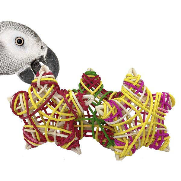 Bonka Bird Toys 1245 Pk3 Multi-Colored Puff Vine Stars 3" by 3" Medium Parrot Chew Foot Talon Cage Toys, Amazons, Conure, African Greys, and Other Similar Birds