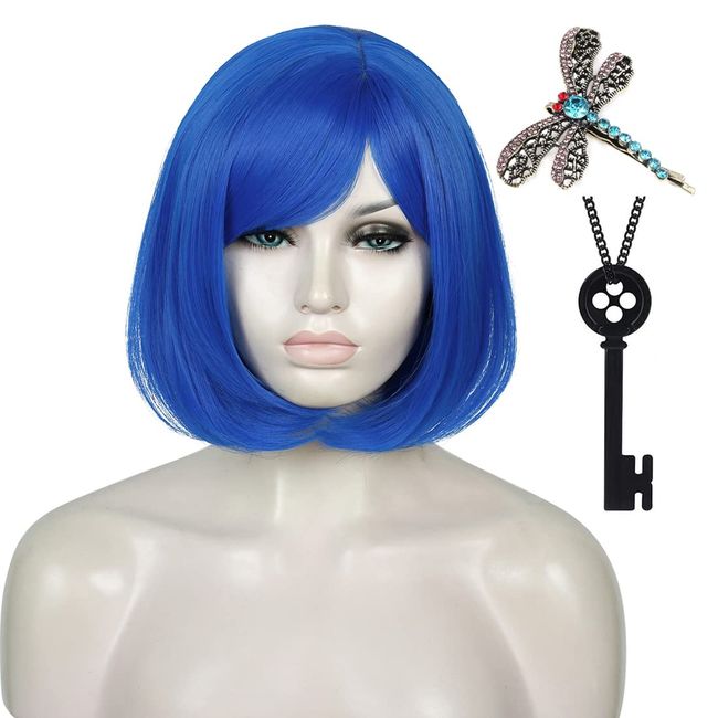 Short Blue Wig for Women, ATAYOU Straight Blue Bob Wig with Dragonfly Hairpin and Black Button Key Necklace for Coraline Halloween Cosplay costume