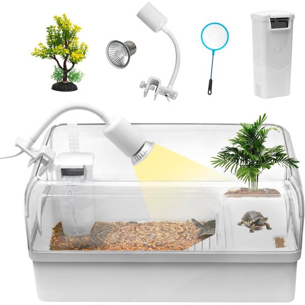 Turtle Tank Aquarium with Hideout, UV Basking Platform Light, Water Filter, Fish