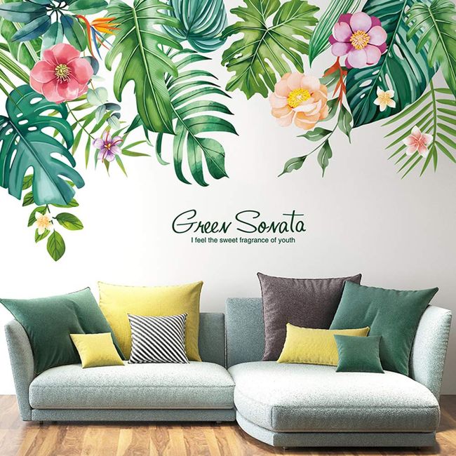 Fujitoya Wall Sticker Flower Green Leaves Plants Scandinavian Poster Interior DIY Sticker Wallpaper M0340