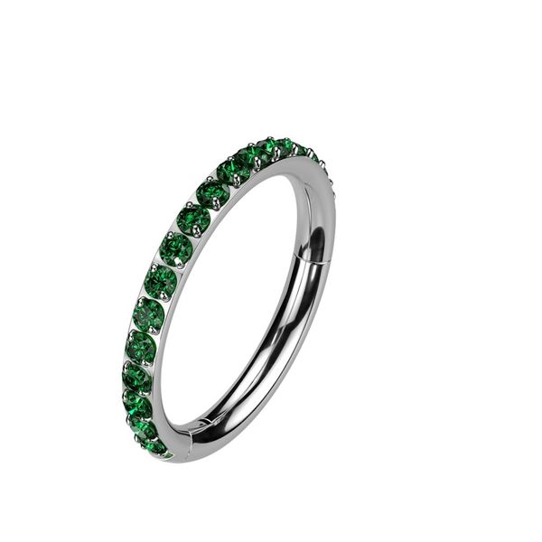 PiercedOff Titanium Hinged 8mm Nose Ring with Outward Facing Emerald Tone CZ Gems
