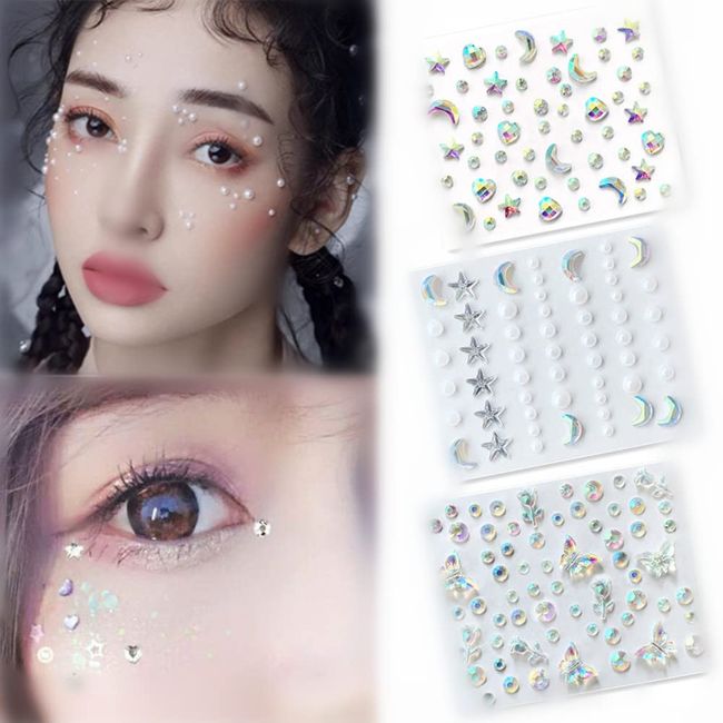 DUOLEIMI Rhinestone Sticker Face Sticker Rhinestone Star Moon Glitter Eye Makeup Pearl Heart Flower Butterfly Nail Deco Parts Set of 3