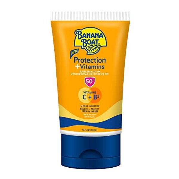 Banana Boat Protection + Vitamins Sunscreen Lotion SPF 50 | Moisturizing Sunscreen with Vitamin C & Niacinamide | Banana Boat Sunscreen Lotion, Vitamin B3 & Vitamin C Sunscreen, 4.5 oz.