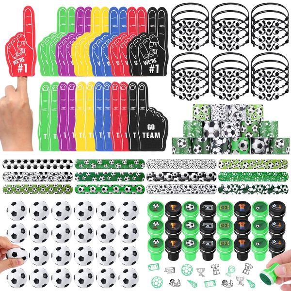 Aoriher 120 Pcs Soccer Sports Party Favors Set Serve 24, Soccer Goodie Bulk Foam Finger Mini Stress Ball Slap Bracelet Charm Bracelet Stamp for Girl Boy Kids Soccer Theme Party Supplies