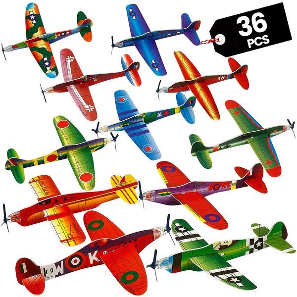 Bedwina Glider Planes Bulk - Pack of 36-8 Inch Bomber Airplane Gliders for Kids, Foam Birthday Party Favor Kits and Prize Reward Toys