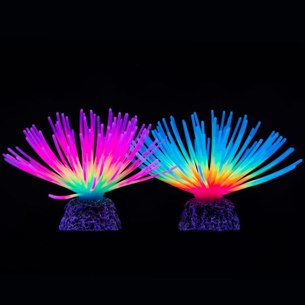 Uniclife Aquarium Imitative Rainbow and Iridescent Blue Sea Urchin Balls Artificial Silicone Ornament Set with Glowing Effect for Fish Tank Landscape Decoration