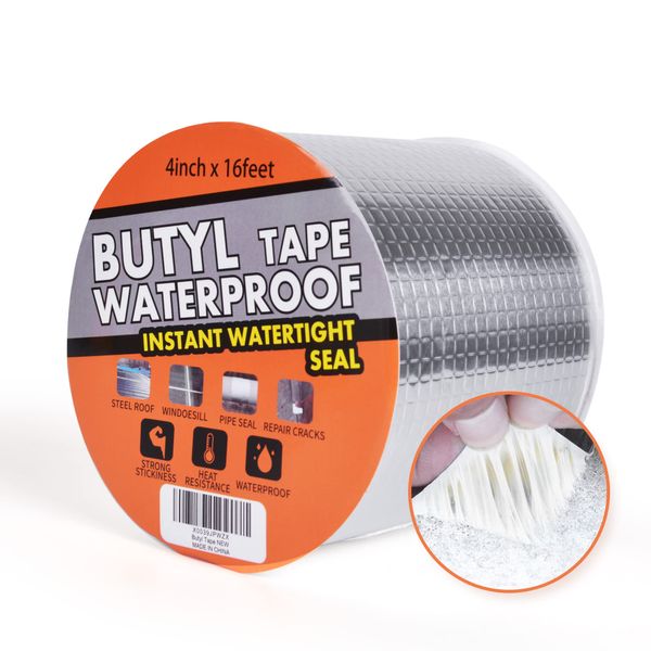 TAPEBEAR Butyl Tape for Roof and Leak Repair, Waterproof Sealing Tape Silver Aluminum Tape For Window, Glass, Silicone & EDPM Patching Pipe Sealing, Outdoor Use, 4inch x16feet