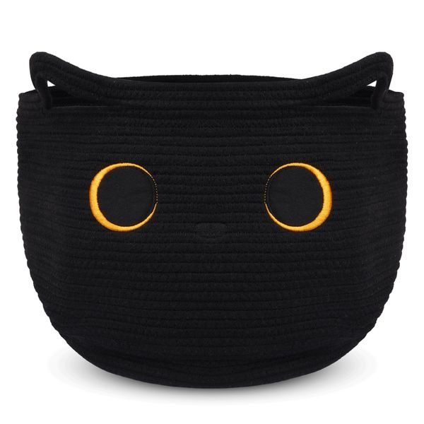 Cute Black Cat Round Basket - Cotton Rope Baskets Large Baby Laundry Blasket for Nursery, Woven Blanket Basket Hamper With Handle Toy Storage Basket for Gifts, Baby Shower 14 ×12 inchs 30.5L