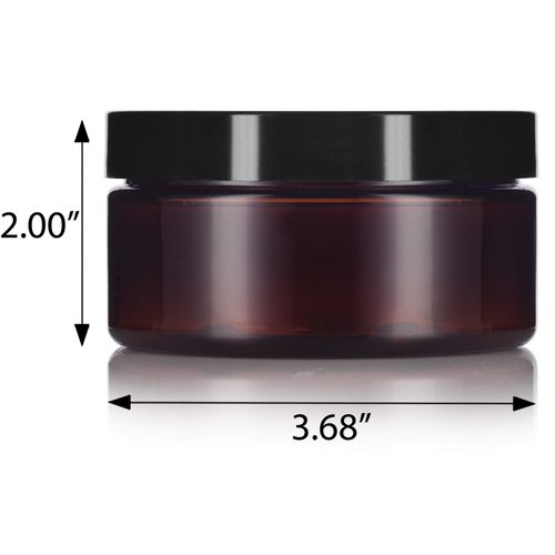 8 oz Amber PET Plastic Refillable Low Profile Jar Black Smooth Lid (12 pack)