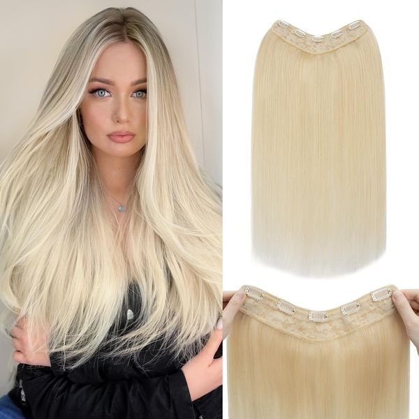 Benehair One Piece Clip in Hair Extensions Real Human Hair 3/4 Full Head V Shaped Weft Thicker Hair Lace Net One Piece Hair Extensions with 5 Clips (14"-55g #60 Platinum Blonde)