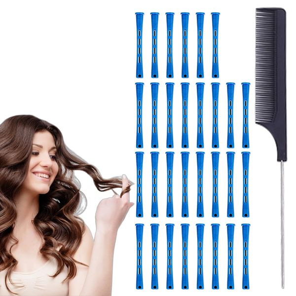 30 Pcs Hair Perm Rods， Hair Curlers Rollers ，Small Size Plastic Perming Rods，Blue Perm Rods Perm Kit，for Long Short Hair,Salon hairdressing Curlers with Pintail Comb Home Perm Kits for Women