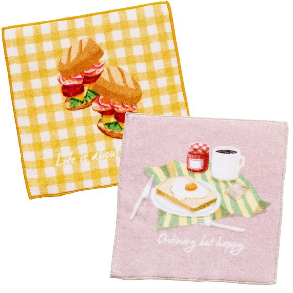 B-PLAID Handkerchief, Towel Handkerchief, Imabari Towel, Set of 2, Made in Japan, Printed Handkerchief, Approx. 7.9 x 7.9 inches (20 x 20 cm), Quick Drying, Instant Absorption, 100% Cotton, Mini Size, Girls, Boys, Women's, Sandwich (Yellow) + Breakfast (P