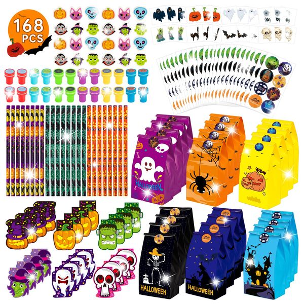 ShyLizard 168PCS Halloween Party Favor Goodie Bag Bulk for Kids, Halloween Stationery Set, Trick or Treat Toys including Pencil, Eraser, Notepad, Stamper, Halloween Bag, Stickers and Temporary Tattoos