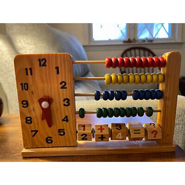 Vin  Wooden Abacus Learning Educational Clock Counting Math Collectible Toy 9x6”