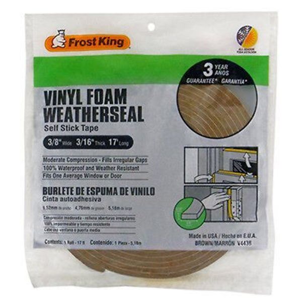 Frost King V443BH Vinyl Foam Tape , 3/8" W, 3/16" Thick, 17' L, Brown