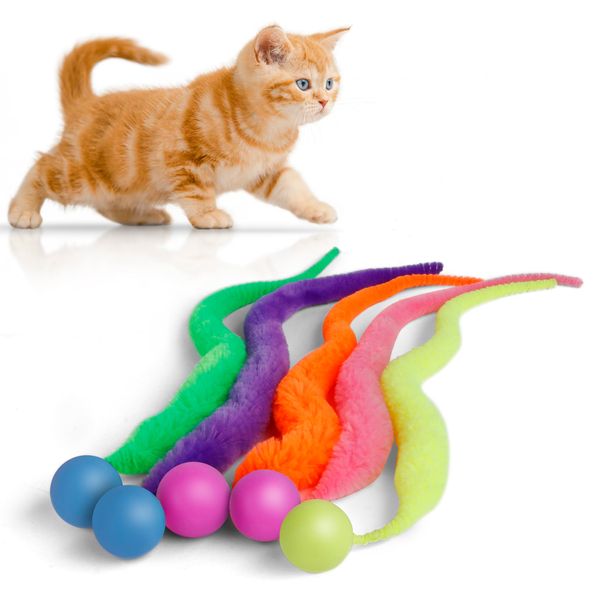 LE TOOTER Bouncy Ball with Tail Cat Toys,5 Packs Magic Worm with Ball Toy for Cats,Fuzzy Worm Bouncy Balls Cat Toy