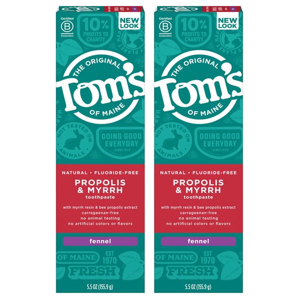 Tom's of Maine Fluoride-Free Propolis & Myrrh Natural Toothpaste, Fennel, 5.5 oz (Pack of 2) (Packaging May Vary)