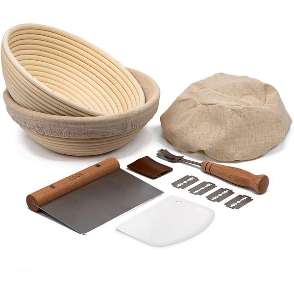 Proofing Set, by Kook, Sourdough Bread Baking Supplies, Sourdough Bread, 2 Rattan Banneton Baskets, 2 Basket Covers, Metal Scraper, Plastic Scraper, Scoring Lame, 5 Blades and Case, Baking Kit, Round