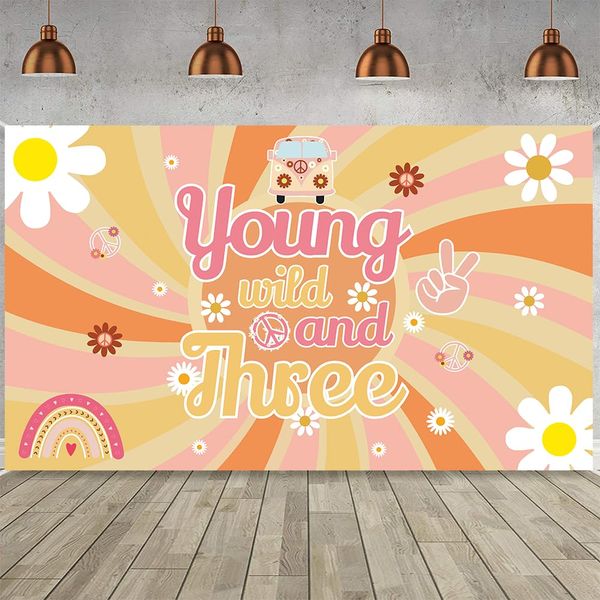 LOONELO Young Wild and Three Birthday Party Backdrop Banner with 70.8X43.3in, Three Groovy Retro Hippie Boho Daisy Flower Photography Background Decorations for 3rd Birthday Party Supplies