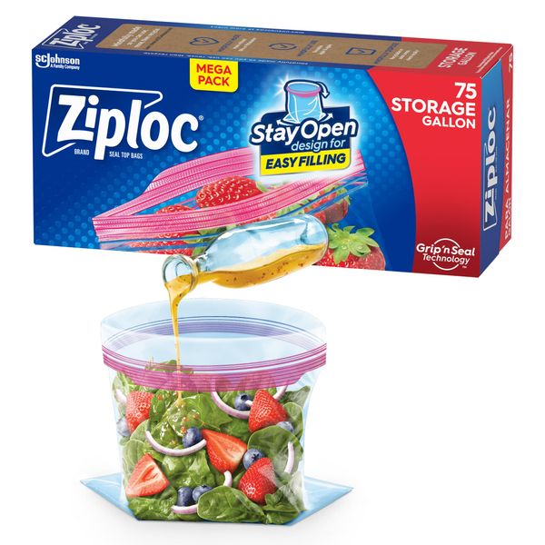 Ziploc Gallon Food Storage Bags, New Stay Open Design with Stand-Up Bottom, Easy to Fill, 75 Count