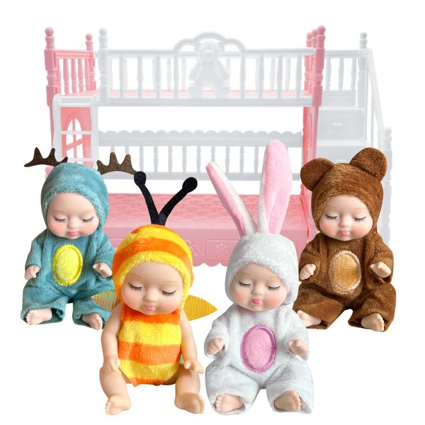 AMETUS 4 Pcs Mini Baby Dolls with Bunk Bed, Dollhouse Bedroom Furniture Set, Little Mini Reborn Babies, Cute Doll for Girls Kids, Birthday Baby Shower Party Gifts, Bunny Bee Bear Deer