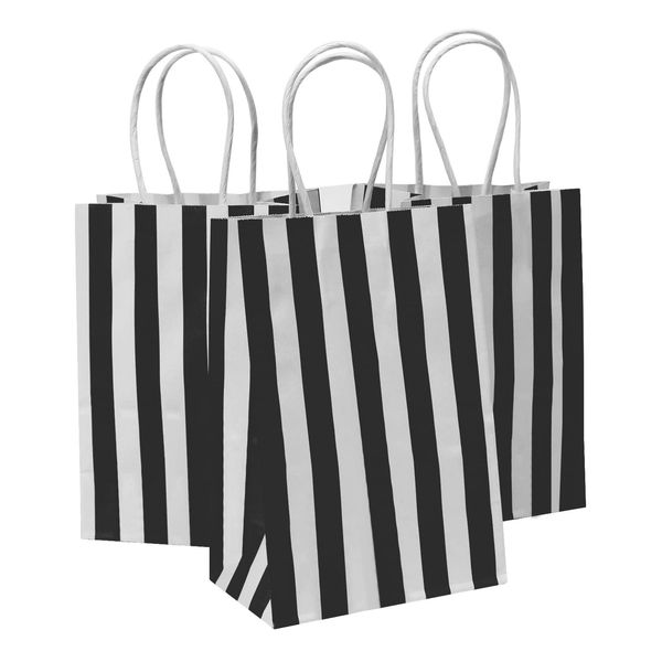 Ronvir 50Pcs Gift Bags With Handles Small 5.25 x 3.25 x 8 Inch Black And White Gift Bags Striped Paper Bags For Business, Shopping, Party, Goodie, Treat, Candy, Easter, Christmas, Halloween