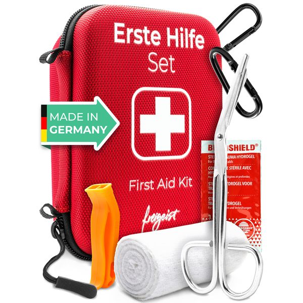 Erste Hilfe Set Outdoor - Inhalte Deutsche DIN 13167 + Burncare + Notfallpfeife, First Aid Kit Outdoor, Erste Hilfe Set Fahrrad, Erste Hilfe Set Wandern, Reiseapotheke gefüllt von freigeist