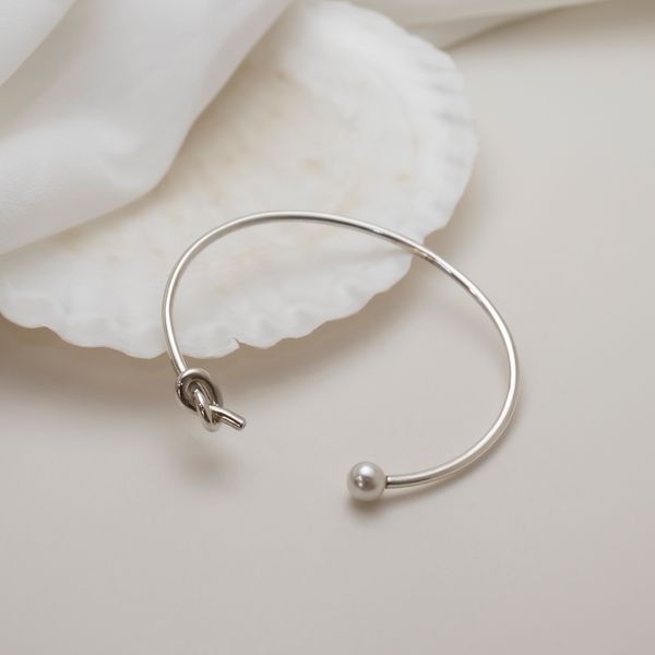 925 Silver Handmade Knot Pearl Bangle Silver Bracelet