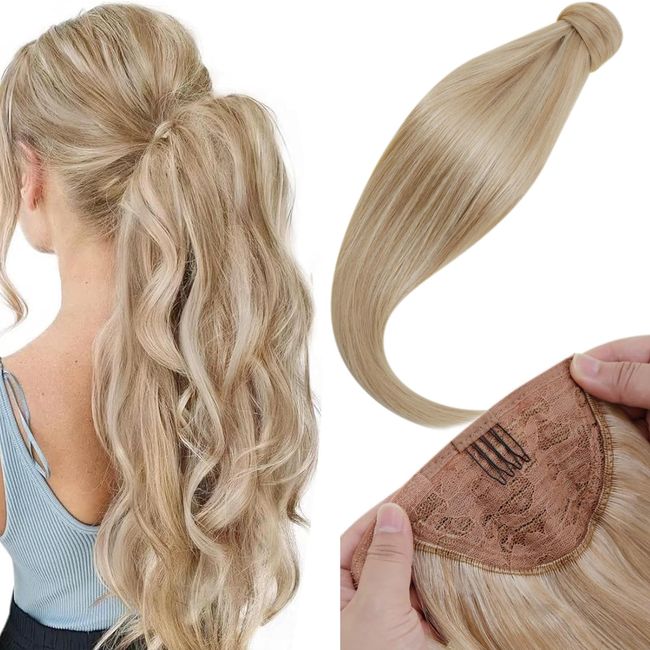 LaaVoo Ponytail Extension Human Hair Light Gloden Blonde Highlighted Bleach Blonde Ponytail Hair Extensions Blonde Highlights Remy Human Hair Ponytail Extensions Straight 12 Inch 70 Gram