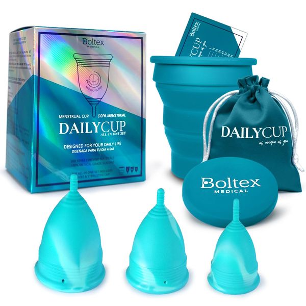 Menstrual Cup Daily Cup All-in-One Set by BOLTEX Medical. Designed for Your Daily Comfort. Includes Steriliser Cup, 3 Sport Cup Period Cups: Size S, Size M, Size L and Storage Bag