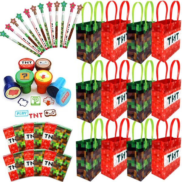 TINYMILLS Pixel Miner Party Favor Set of 60 Pcs (12 Party Favor Treat Goody Bags with Handles, 24 Self-Ink Stamps for Kids, 12 multi-point pencils, 12 small spiral notepads)