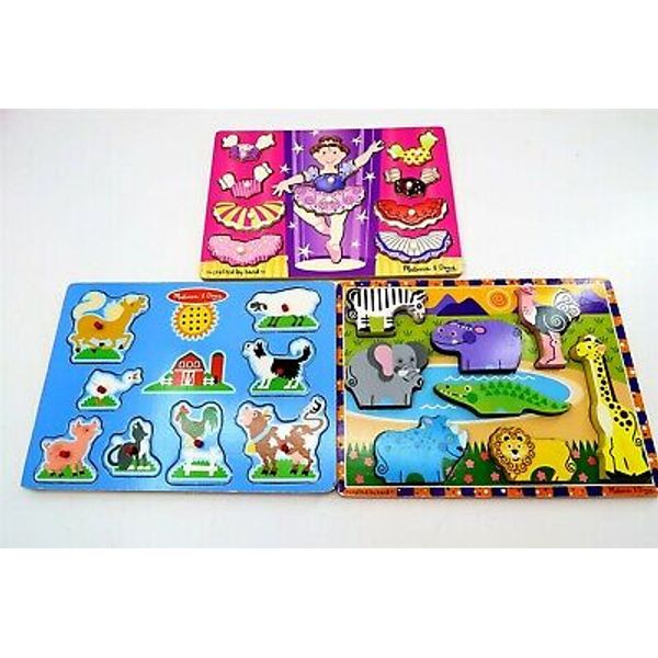 Lot of 3 Melissa & Doug Wooden Puzzles Ballerina, Farm Animals & Safari Animals